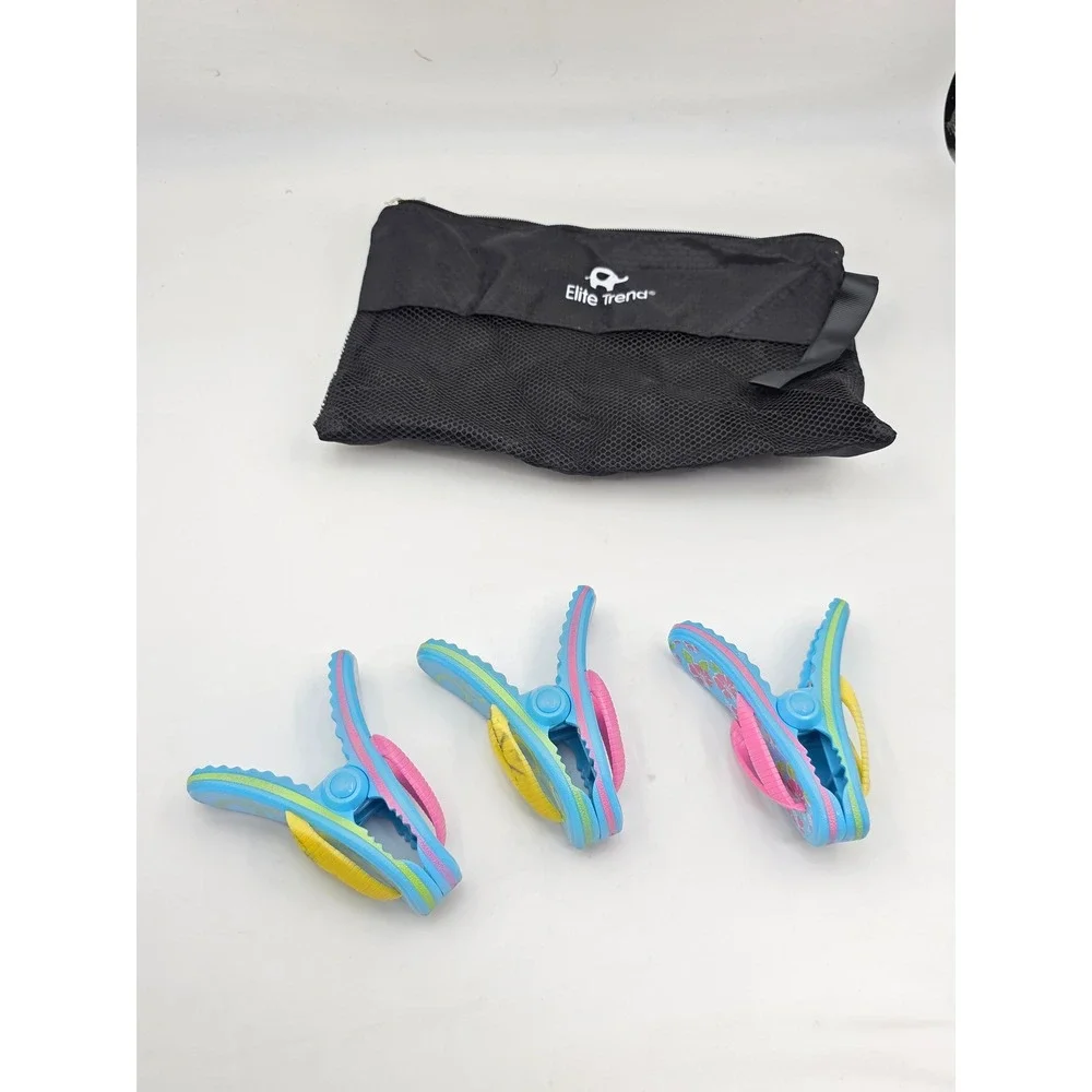 Elite Trend Flip Flop Beach Towel Clips Set of 3 Blue Pink Floral With Mesh N3
